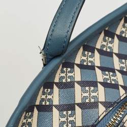 Pre Owned Tory Burch Blue/White Coated Canvas and Leather Geo Logo Allover Tote
