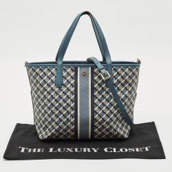 Pre Owned Tory Burch Blue/White Coated Canvas and Leather Geo Logo Allover Tote