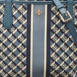 Pre Owned Tory Burch Blue/White Coated Canvas and Leather Geo Logo Allover Tote