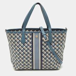 Pre Owned Tory Burch Blue/White Coated Canvas and Leather Geo Logo Allover Tote