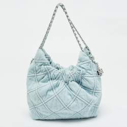 Pre Owned Tory Burch Light Blue Quilted Soft Denim Fleming Hobo