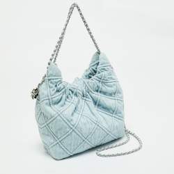 Pre Owned Tory Burch Light Blue Quilted Soft Denim Fleming Hobo