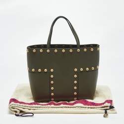 Pre Owned Tory Burch Olive Green Leather Block-T Stud Tote