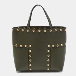 Pre Owned Tory Burch Olive Green Leather Block-T Stud Tote