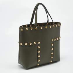 Pre Owned Tory Burch Olive Green Leather Block-T Stud Tote