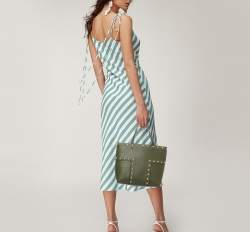 Pre Owned Tory Burch Olive Green Leather Block-T Stud Tote