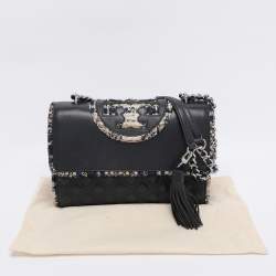 Pre Owned Tory Burch Navy Blue Quilted Leather and Tweed Trim Fleming Shoulder Bag