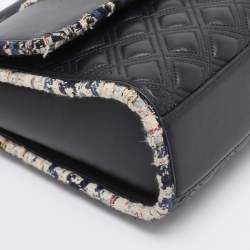 Pre Owned Tory Burch Navy Blue Quilted Leather and Tweed Trim Fleming Shoulder Bag