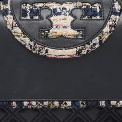 Pre Owned Tory Burch Navy Blue Quilted Leather and Tweed Trim Fleming Shoulder Bag