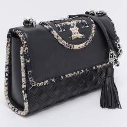 Pre Owned Tory Burch Navy Blue Quilted Leather and Tweed Trim Fleming Shoulder Bag