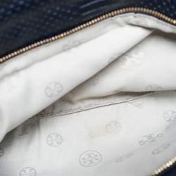 Pre Owned Tory Burch Navy Blue Snakeskin Embossed Leather Reva Flap Shoulder Bag