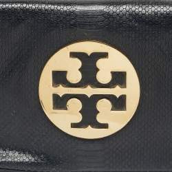 Pre Owned Tory Burch Navy Blue Snakeskin Embossed Leather Reva Flap Shoulder Bag