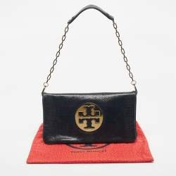 Pre Owned Tory Burch Navy Blue Snakeskin Embossed Leather Reva Flap Shoulder Bag