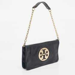 Pre Owned Tory Burch Navy Blue Snakeskin Embossed Leather Reva Flap Shoulder Bag