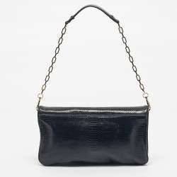 Pre Owned Tory Burch Navy Blue Snakeskin Embossed Leather Reva Flap Shoulder Bag