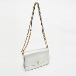Pre Owned Tory Burch Silver Saffiano Leather Robinson Flap Shoulder Bag
