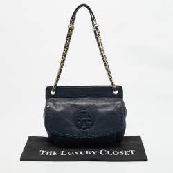 Pre Owned Tory Burch Navy Blue Leather Marion Shoulder Bag