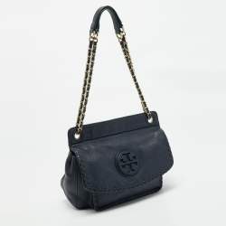 Pre Owned Tory Burch Navy Blue Leather Marion Shoulder Bag