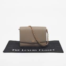 Pre Owned Tory Burch Grey Leather Robinson Flap Shoulder Bag 