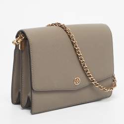 Pre Owned Tory Burch Grey Leather Robinson Flap Shoulder Bag 