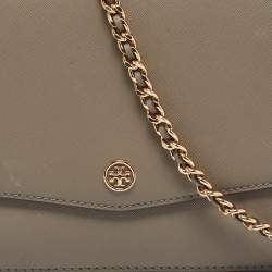 Pre Owned Tory Burch Grey Leather Robinson Flap Shoulder Bag 