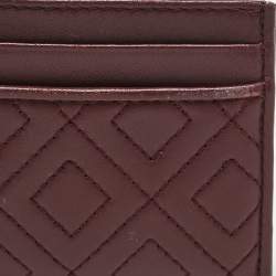 Pre Owned Tory Burch Burgundy Quilted Leather Fleming Card Holder