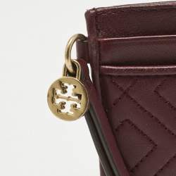 Pre Owned Tory Burch Burgundy Quilted Leather Fleming Card Holder