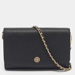 Pre Owned Tory Burch Black Leather Robinson Flap Chain Clutch Bag