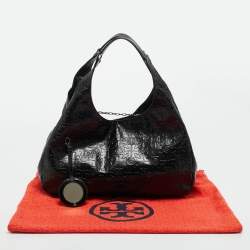 Pre Owned Tory Burch Black Logo Embossed Leather Dafina Hobo