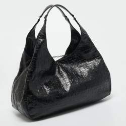Pre Owned Tory Burch Black Logo Embossed Leather Dafina Hobo