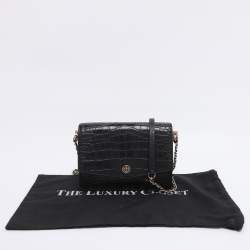 Pre Owned Tory Burch Black Croc Embossed Leather Emerson Crossbody Bag