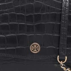 Pre Owned Tory Burch Black Croc Embossed Leather Emerson Crossbody Bag
