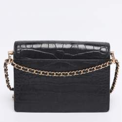 Pre Owned Tory Burch Black Croc Embossed Leather Emerson Crossbody Bag