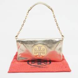 Pre Owned Tory Burch Gold Leather Reva Chain Clutch