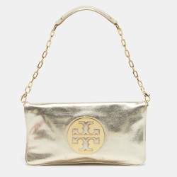 Pre Owned Tory Burch Gold Leather Reva Chain Clutch