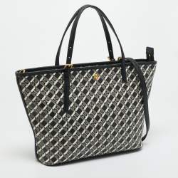 Pre Owned Tory Burch Black Coated Canvas Geo Logo Allover Zip Tote