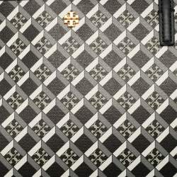 Pre Owned Tory Burch Black Coated Canvas Geo Logo Allover Zip Tote