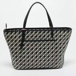 Pre Owned Tory Burch Black Coated Canvas Geo Logo Allover Zip Tote