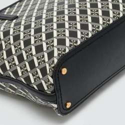 Pre Owned Tory Burch Black Coated Canvas Geo Logo Allover Zip Tote