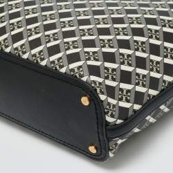 Pre Owned Tory Burch Black Coated Canvas Geo Logo Allover Zip Tote