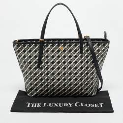 Pre Owned Tory Burch Black Coated Canvas Geo Logo Allover Zip Tote