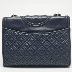 Pre Owned Tory Burch Navy Blue Quilted Leather Fleming Shoulder Bag