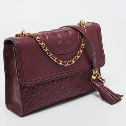 Pre Owned Tory Burch Burgundy Quilted Leather Fleming Shoulder Bag