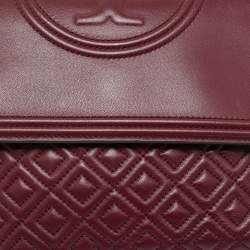 Pre Owned Tory Burch Burgundy Quilted Leather Fleming Shoulder Bag