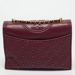 Pre Owned Tory Burch Burgundy Quilted Leather Fleming Shoulder Bag
