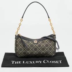 Pre Owned Tory Burch Navy Blue T Monogram Jacquard and Leather Studio Shoulder Bag