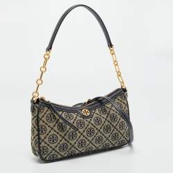 Pre Owned Tory Burch Navy Blue T Monogram Jacquard and Leather Studio Shoulder Bag