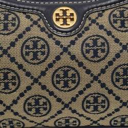 Pre Owned Tory Burch Navy Blue T Monogram Jacquard and Leather Studio Shoulder Bag