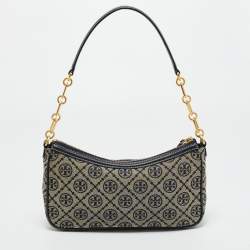 Pre Owned Tory Burch Navy Blue T Monogram Jacquard and Leather Studio Shoulder Bag