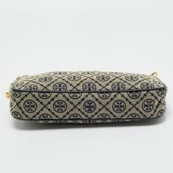 Pre Owned Tory Burch Navy Blue T Monogram Jacquard and Leather Studio Shoulder Bag